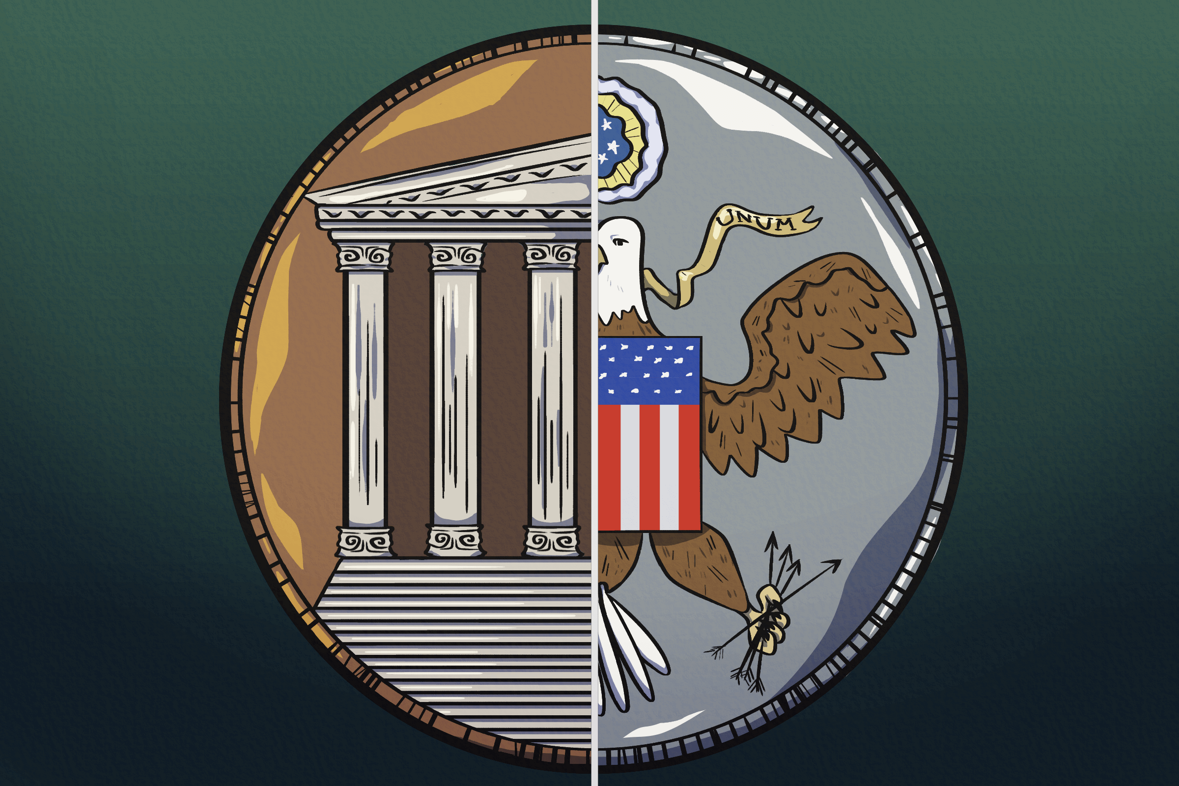 A coin split down the middle, with a roman 
                        temple on one side and the U.S. coat of arms on the other.
                         The illustration is drawn in a simple, cartoon style.