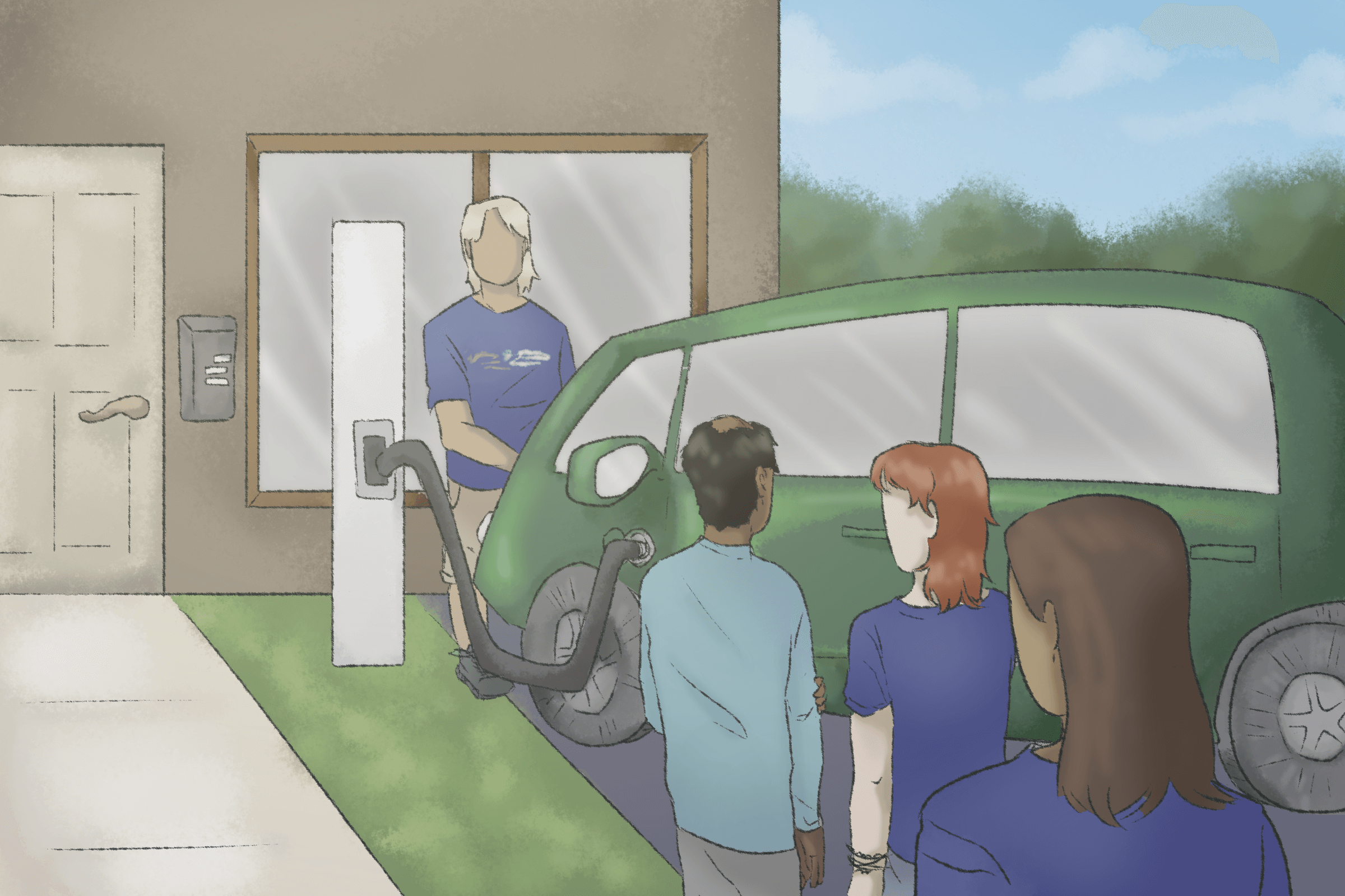 A group of University of Michigan students 
                        and Ann Arbor residents crowded around an electric 
                        vehicle recharging in front of a house. 
                        The illustration is colorful and cartoonish.