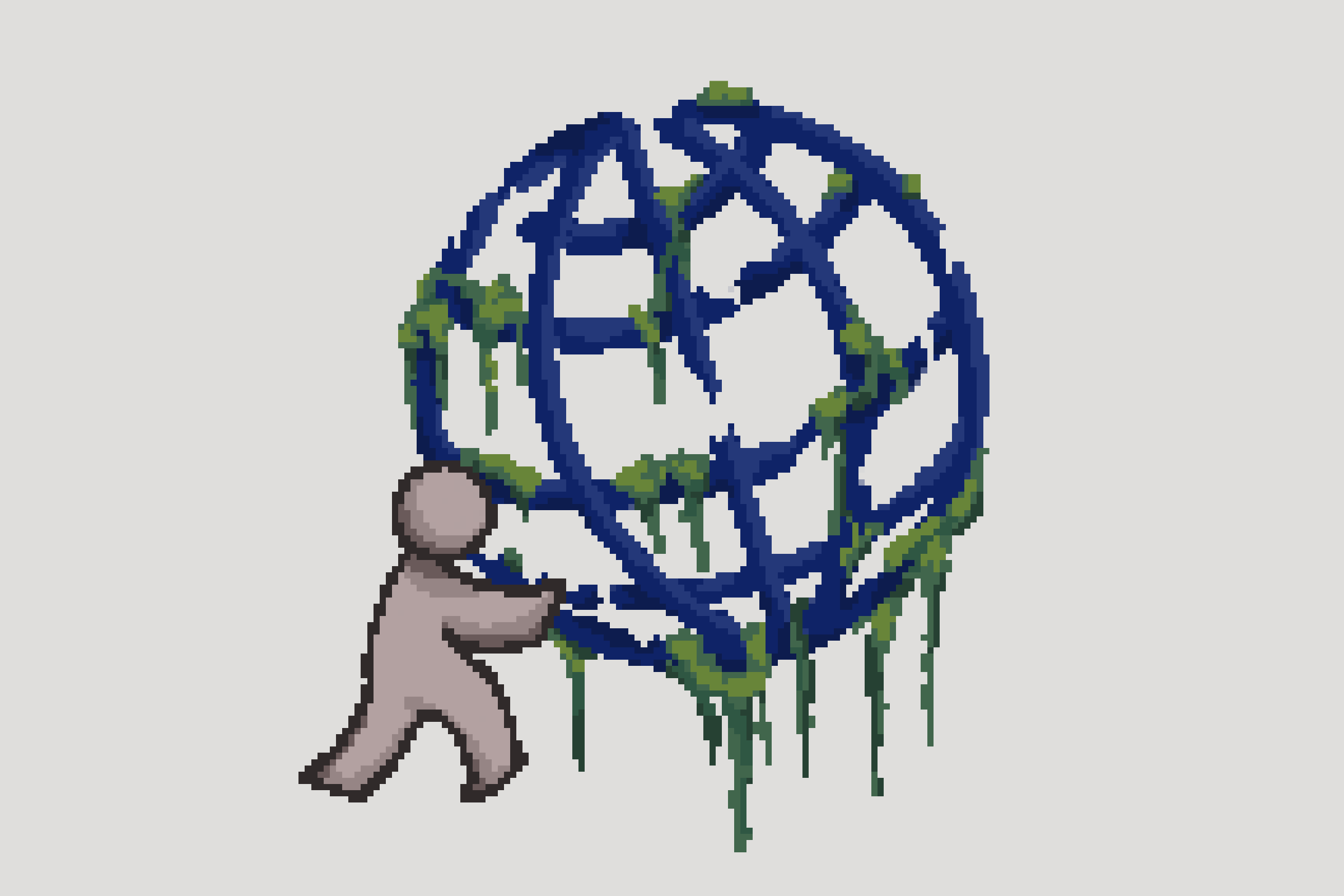 A pixel art illustration of a figure running towards a broken-down
                        globe covered in vines.