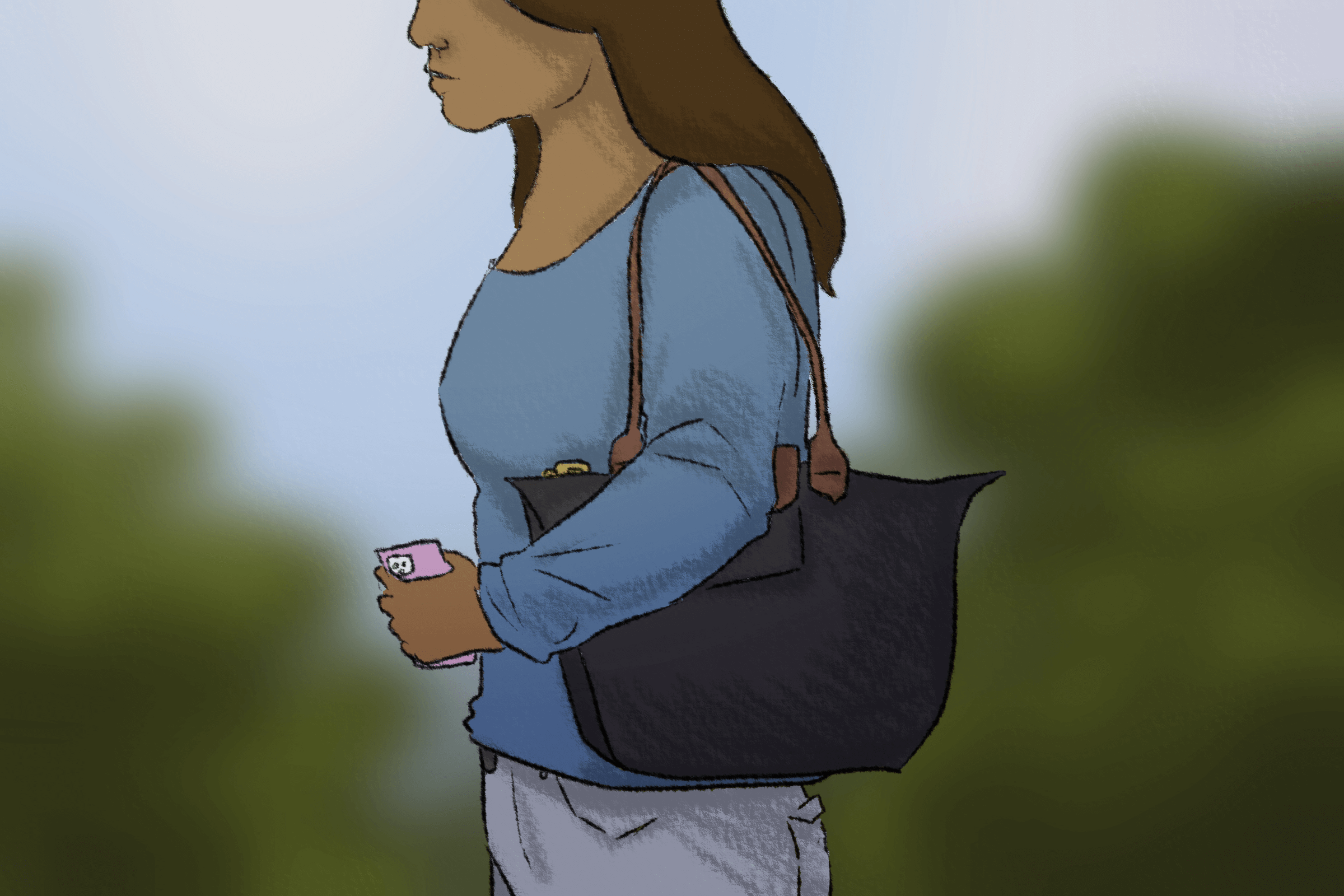 A girl walking outside with a Longchamp Le Pliage tote over one shoulder. The illustration is colorful and cartoonish.