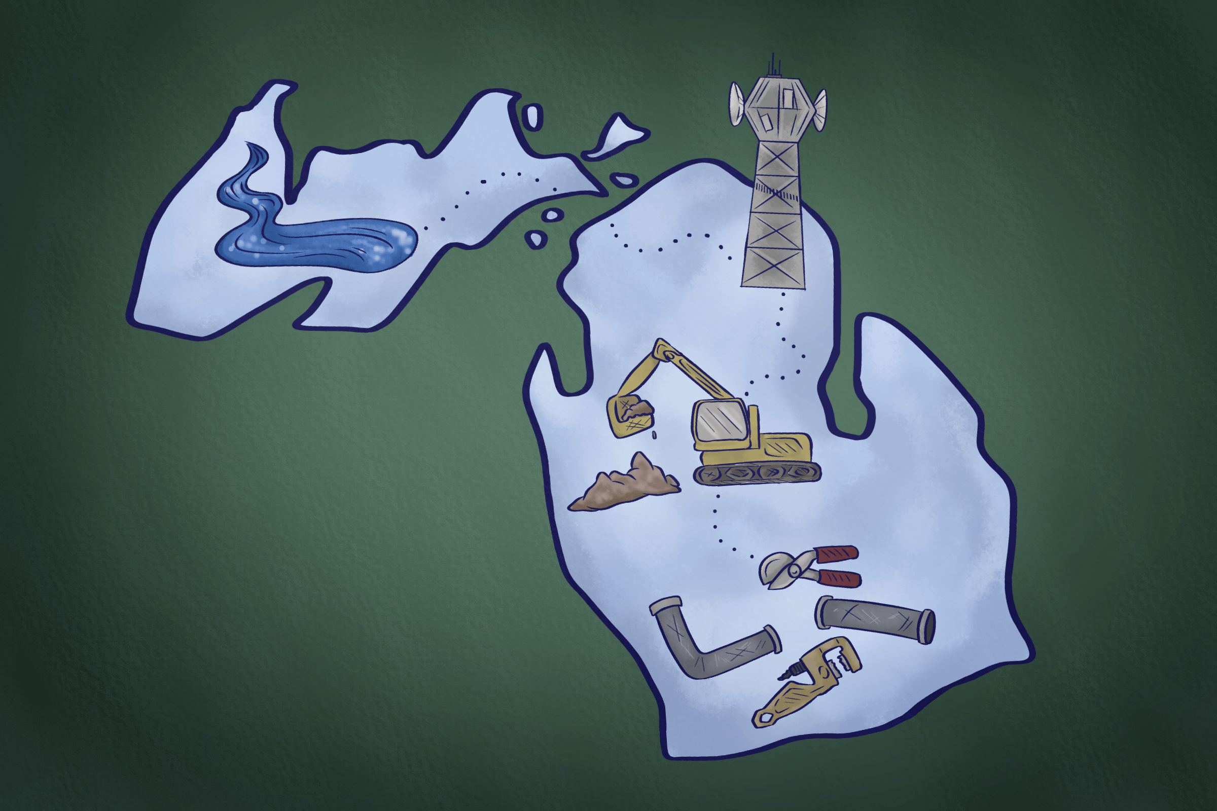 A map of Michigan with clean flowing water, 
                        construction equipment, lead pipes being replaced,
                         and a high-speed Internet tower scattered across it.
                        The illustration is simple and drawn in a cartoonish style.