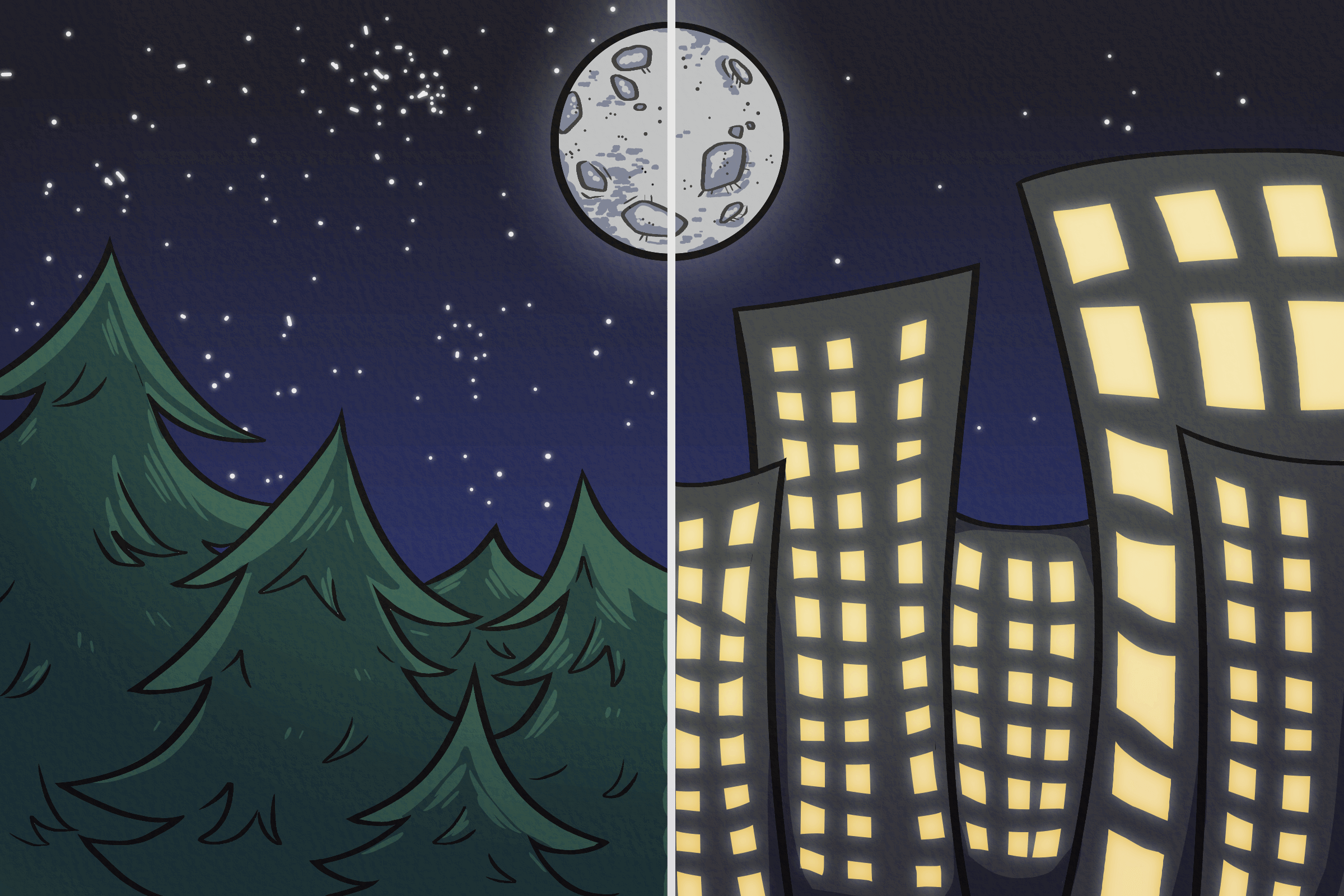 A full moon at night, overlooking a forest 
                            on one side and a city on the other side. 
                            The illustration is colorful and cartoonish.