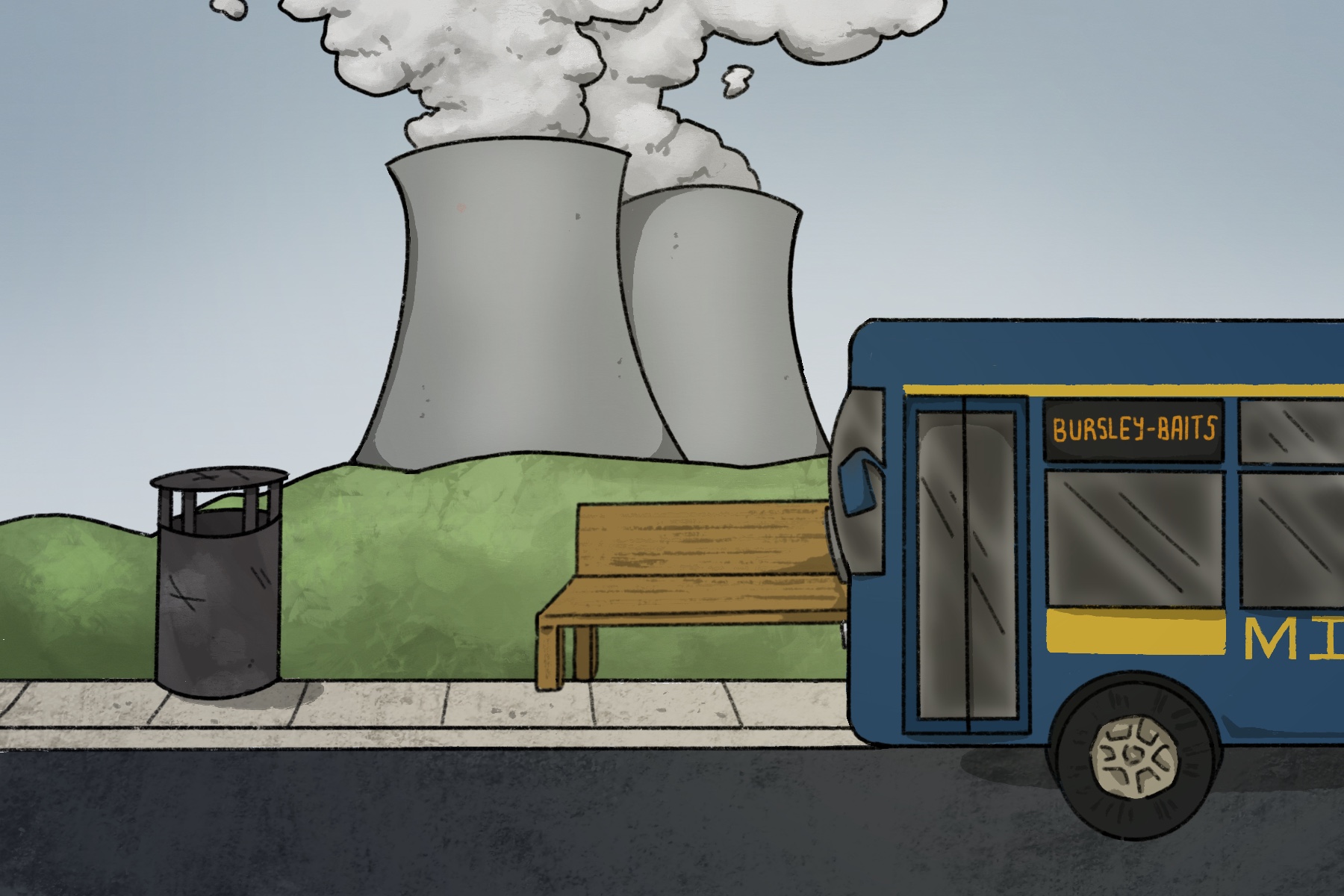 A university of Michigan blue bus driving 
                        past nuclear cooling towers. The illustration is drawn in a cartoonish style.