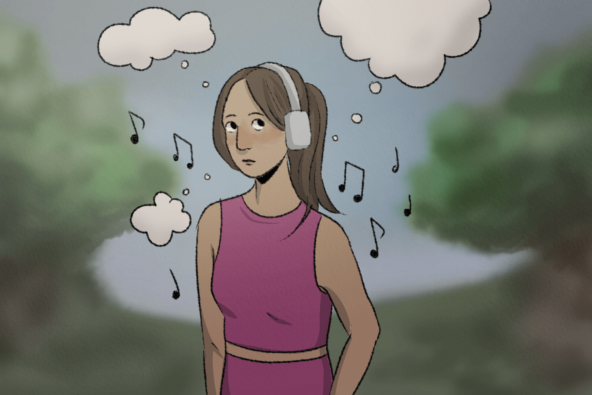 A girl wearing athletic clothes and over-ear headphones standing outside. 
                        She has thought bubbles above her head, and music notes floating around her.
                         The illustration is colorful and cartoonish.