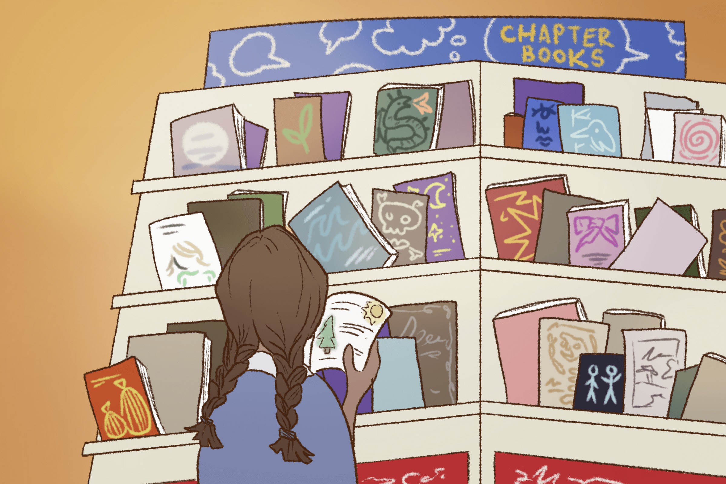 A young girl flipping through the pages of a chapter book at her school's
                        Scholastic Book Fair. The illustration is warm and colorful, and drawn in a cartoonish style.