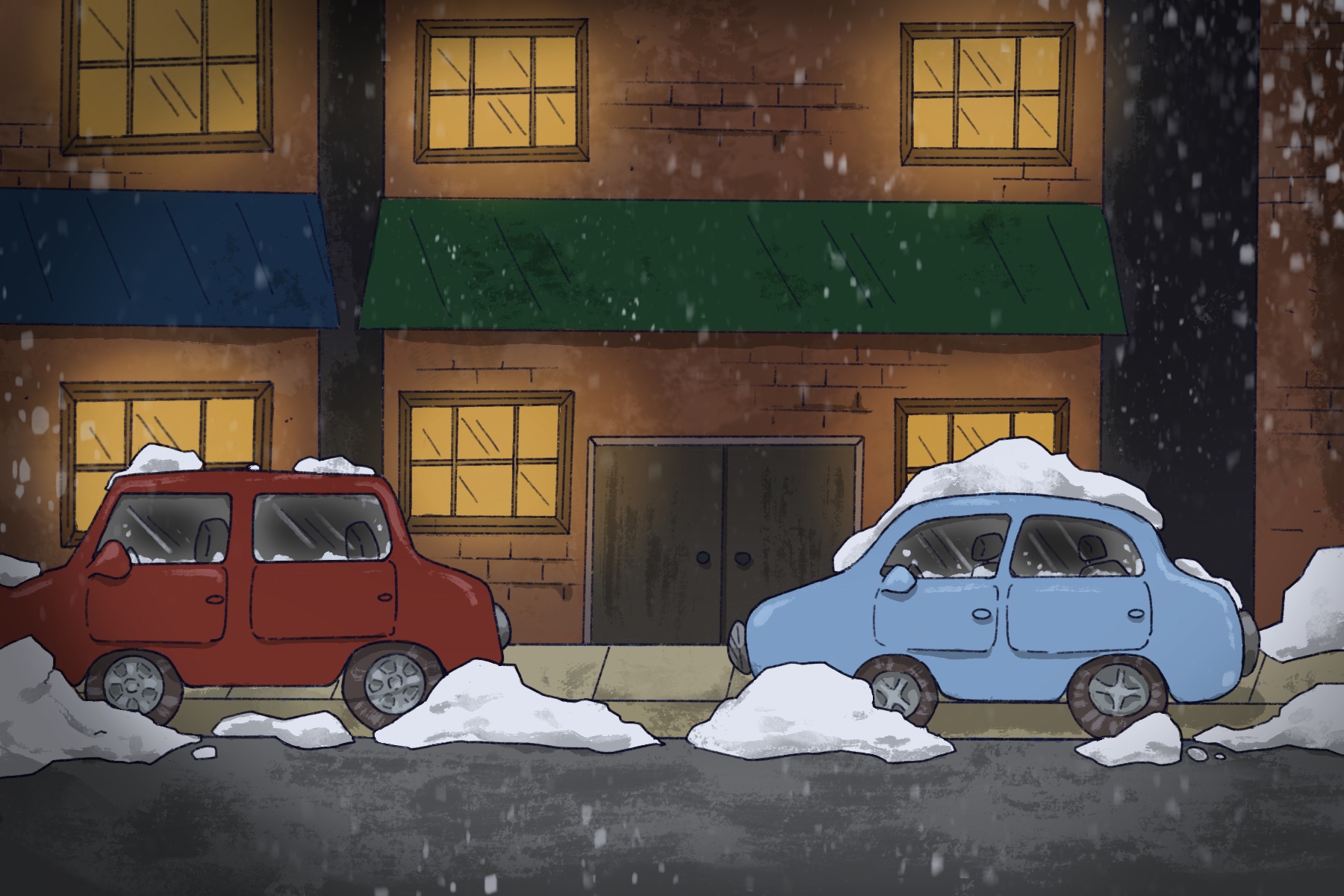 A snowy street at night; cars parked on the street are buried in snow.
                        The illustration is warm and cartoonish.