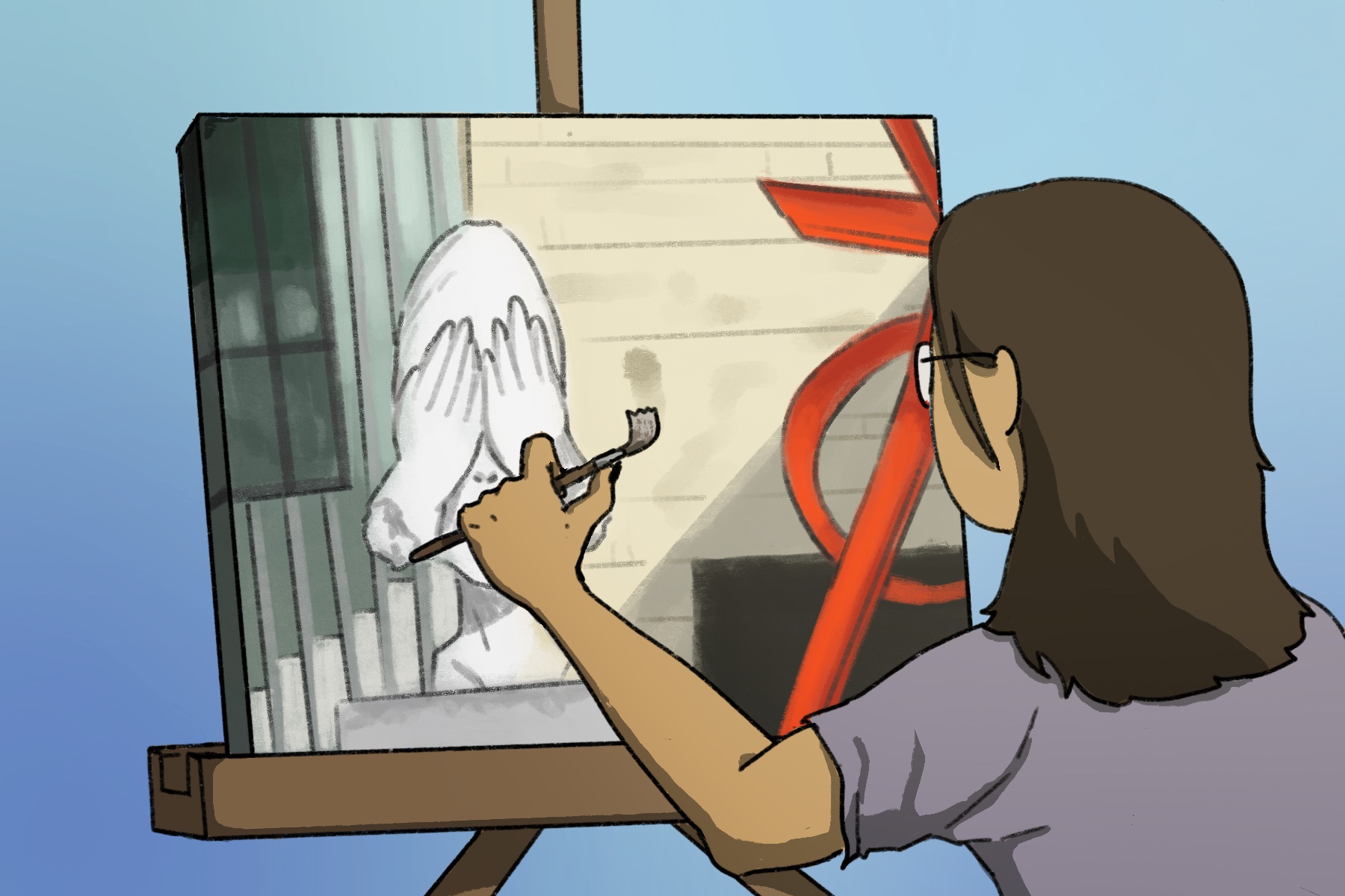A person painting the entryway of the University of Michigan
                        Museum of Art on a canvas. The illustration is warm and cartoonish.
