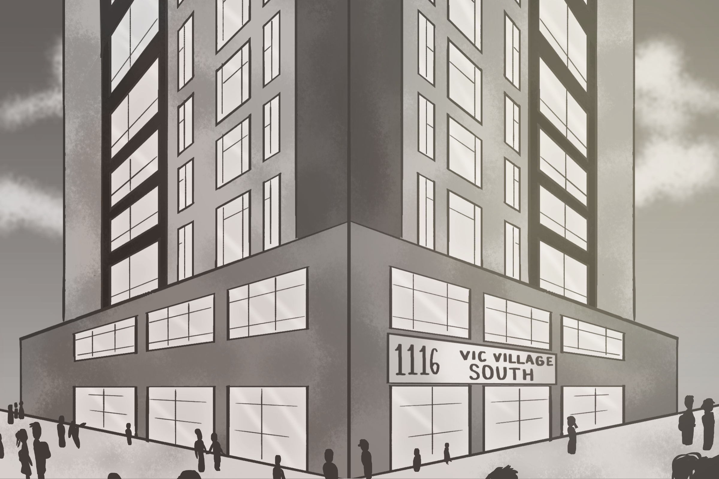 A black and white illustration of Vic Village South in Ann Arbor.