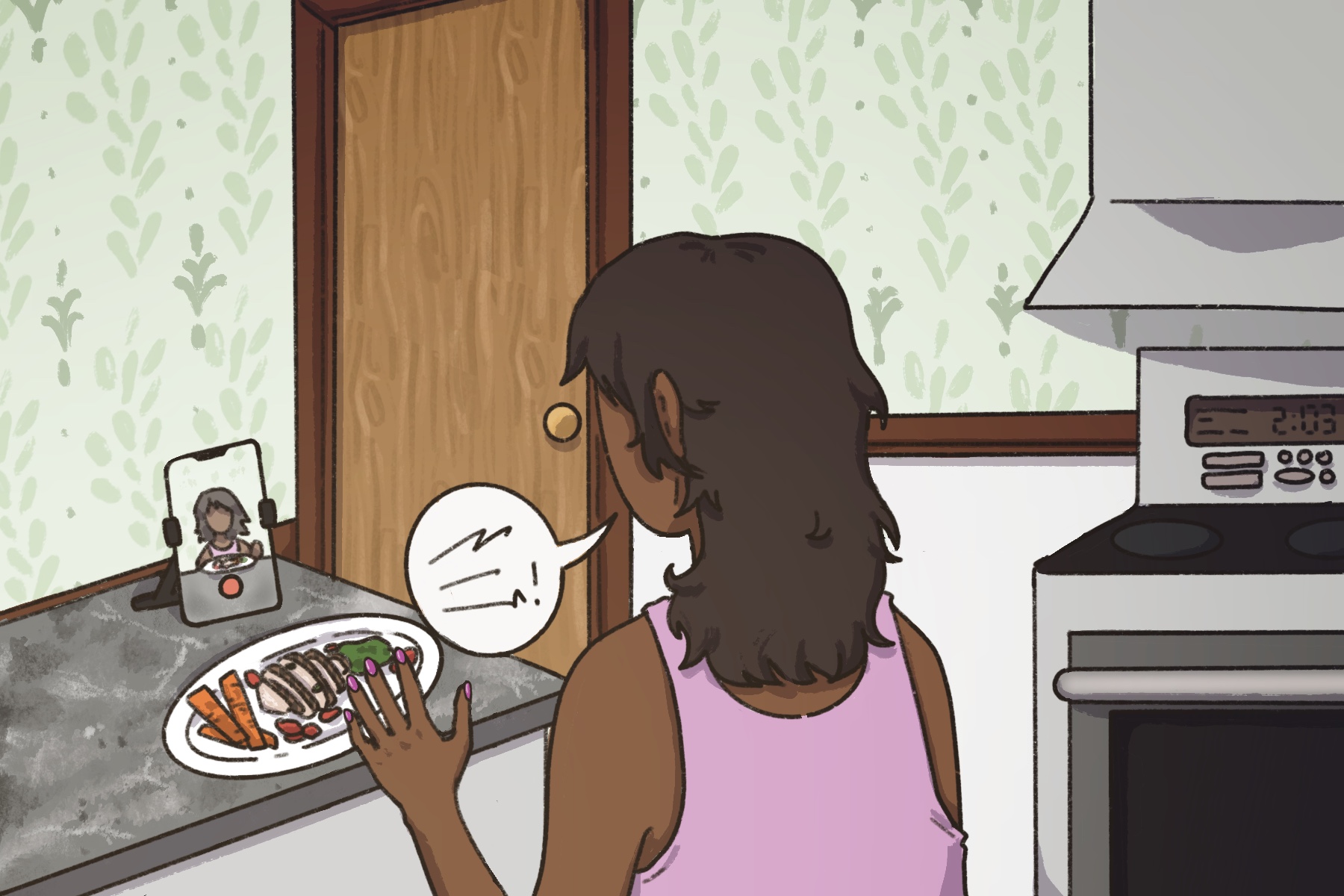 A woman filming a TikTok in her kitchen of the meal she just cooked. The illustration
                        is drawn in a cartoon style.